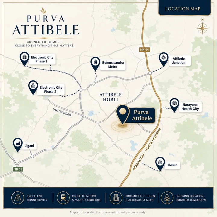 Purva Attibele location map showing connectivity from Attibele Hobli to Electronic City Phase 1 and 2, Bommasandra Metro, Attibele Junction, Narayana Health City, Jigani and Hosur